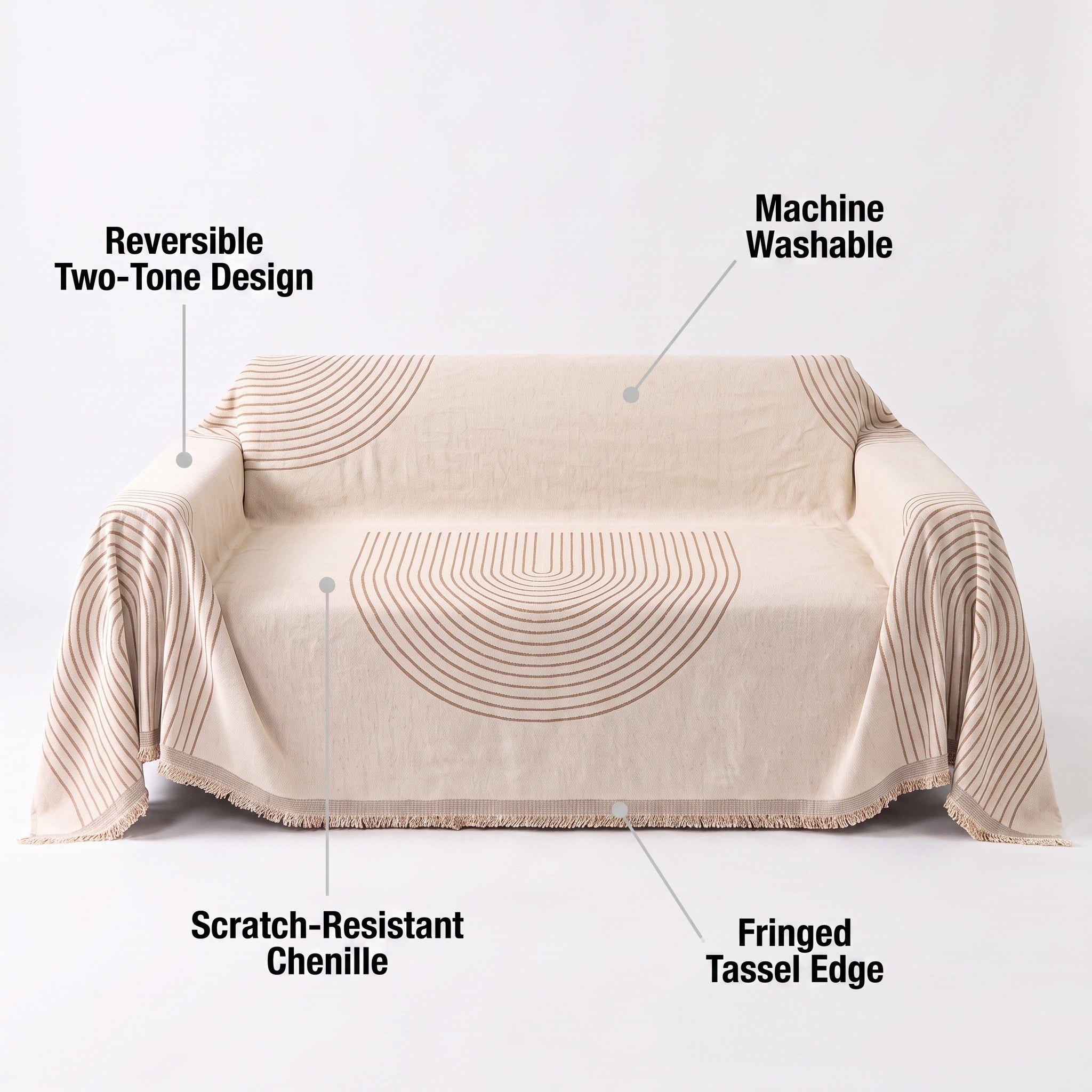 Reversible Arch Print Sofa Cover | Fringed Chenille Throw, 90-165in