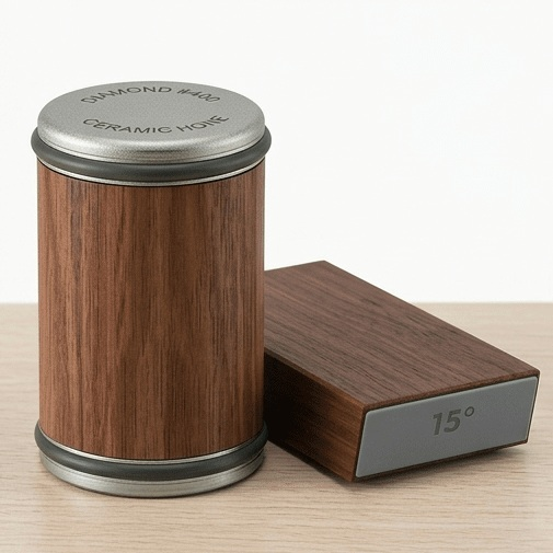 Rolling Knife Sharpener with Diamond Disc on a Solid Wood Platform, view 12