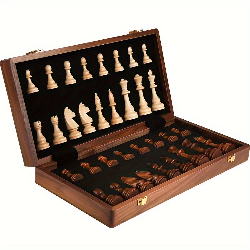 A fully set up wooden chess set with hand-finished dark and light brown pieces on a folding wooden board.