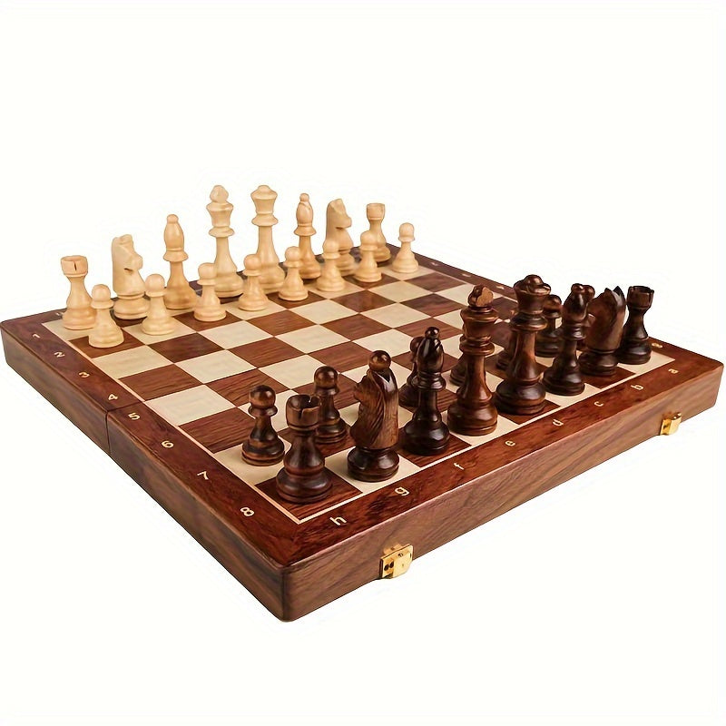 Two players enjoying a game of chess on a wooden folding board set on a rustic living room coffee table.