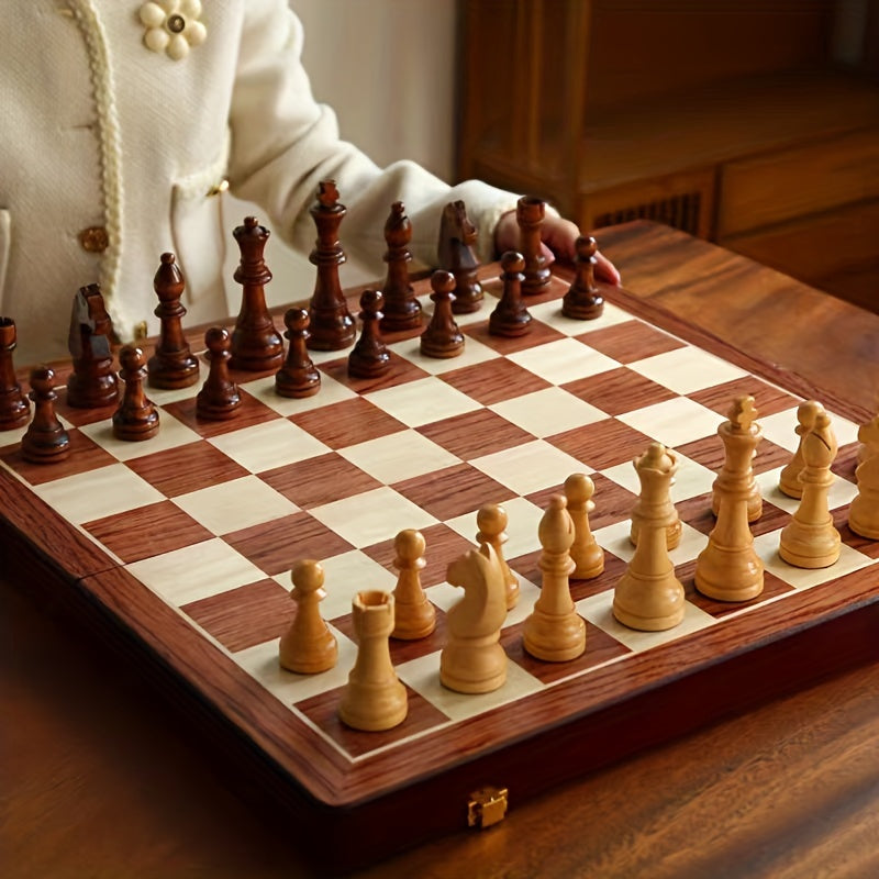 Wooden Chess Set - Folding Board with Internal Storage, Hand-Finished Wood Pieces, Portable Travel Board Game for Adults and Kids (5)