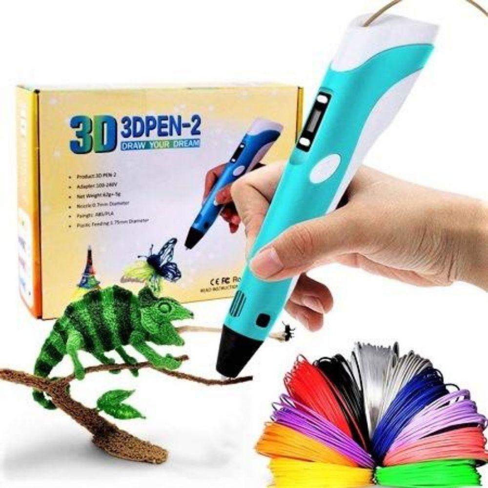 A blue 3D printing pen shown from the front with a strand of colorful PLA filament feeding into the top.