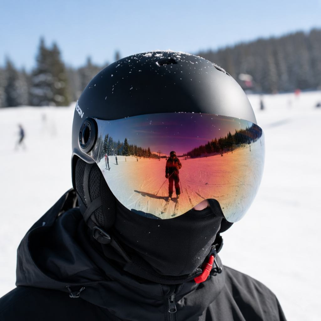 Ski helmet with visor, chin pad and ear pads removed