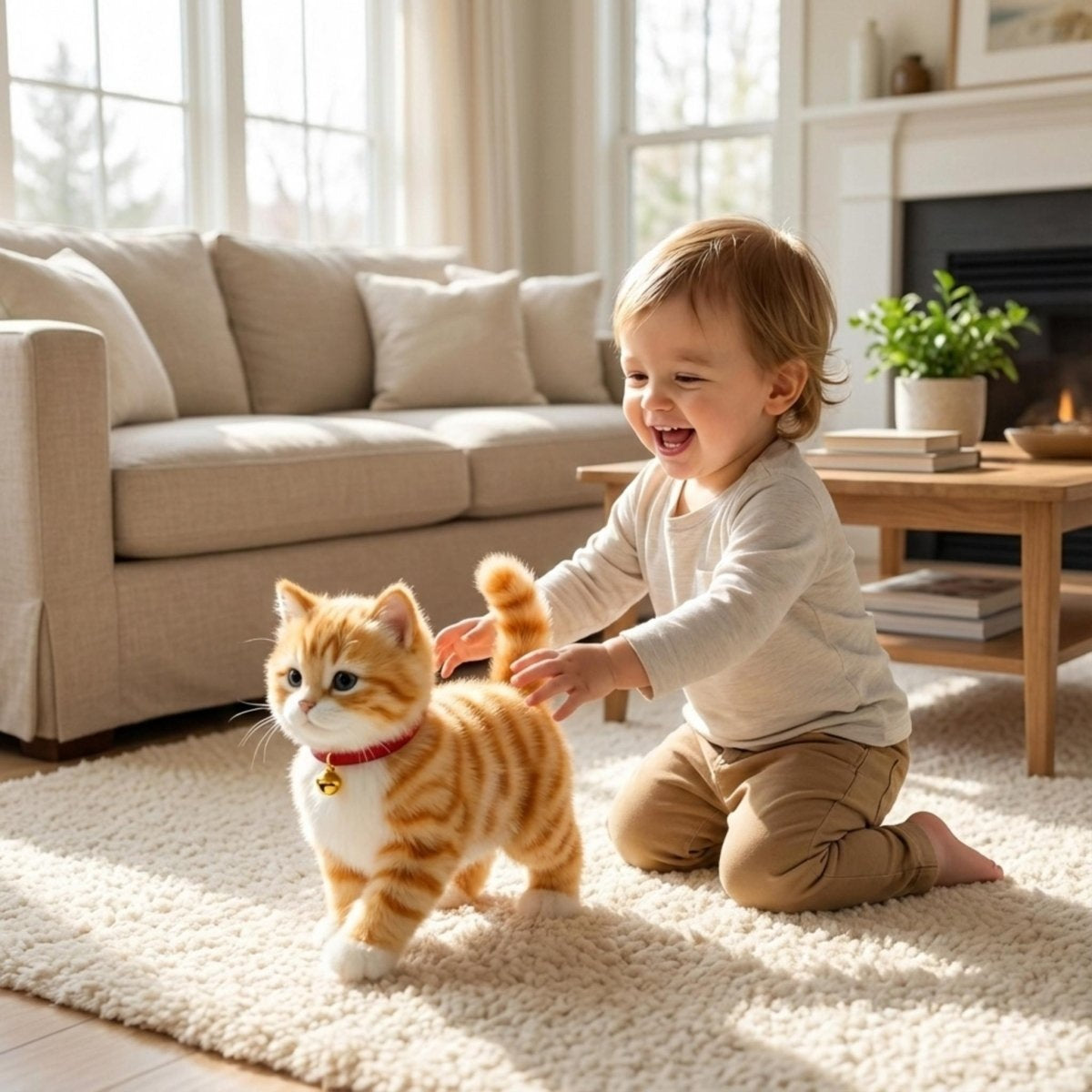 Tiny walking kitten toy held in a child's hand