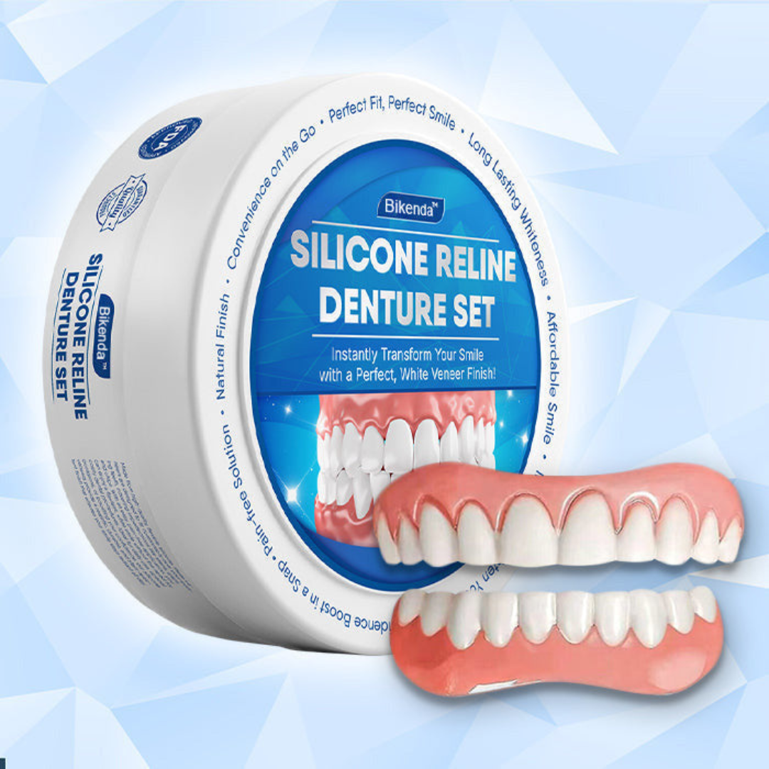 Front view of the upper and lower snap-on teeth veneers set next to moldable fitting beads on a clean white background.