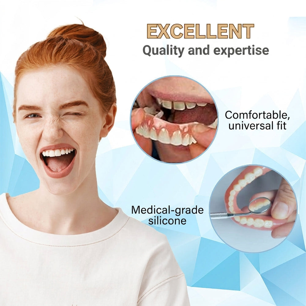 Snap-On Teeth Veneers - Upper and Lower Set with Moldable Fitting Beads, Reusable Silicone Cosmetic Dentures, White (3)