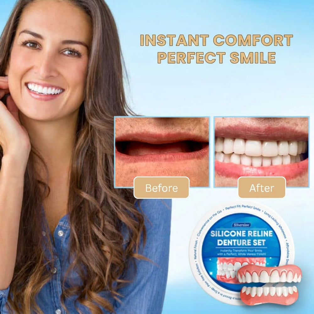 Snap-On Teeth Veneers - Upper and Lower Set with Moldable Fitting Beads, Reusable Silicone Cosmetic Dentures, White (4)