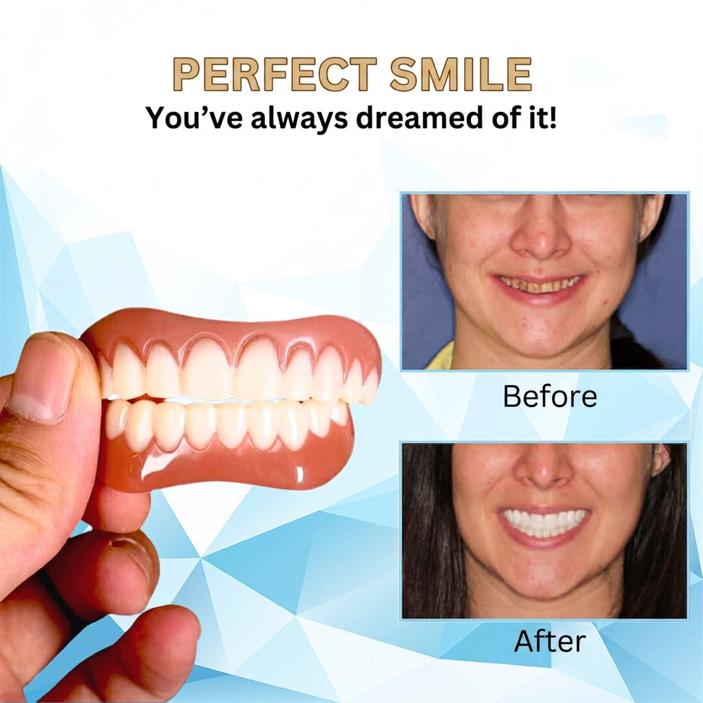 Snap-On Teeth Veneers - Upper and Lower Set with Moldable Fitting Beads, Reusable Silicone Cosmetic Dentures, White (6)