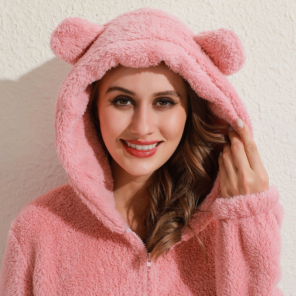 Soft Fleece Onesie with Bear Ears and Zipper for Lounging at Home, view 6