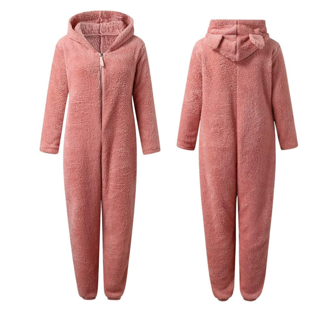 Soft Fleece Onesie with Bear Ears and Zipper for Lounging at Home, view 10