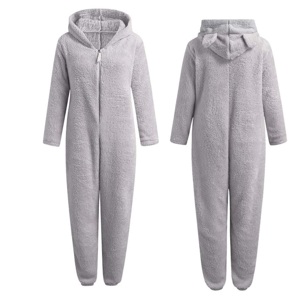 Soft Fleece Onesie with Bear Ears and Zipper for Lounging at Home, view 11