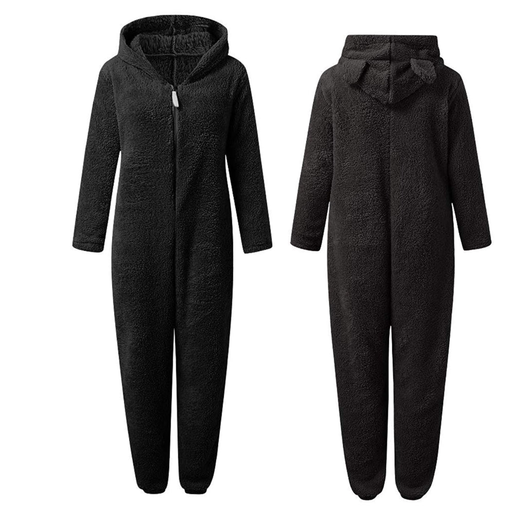 Soft Fleece Onesie with Bear Ears and Zipper for Lounging at Home, view 12