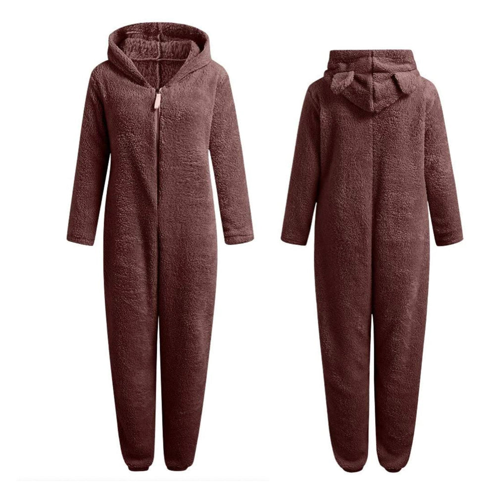 Soft Fleece Onesie with Bear Ears and Zipper for Lounging at Home, view 13