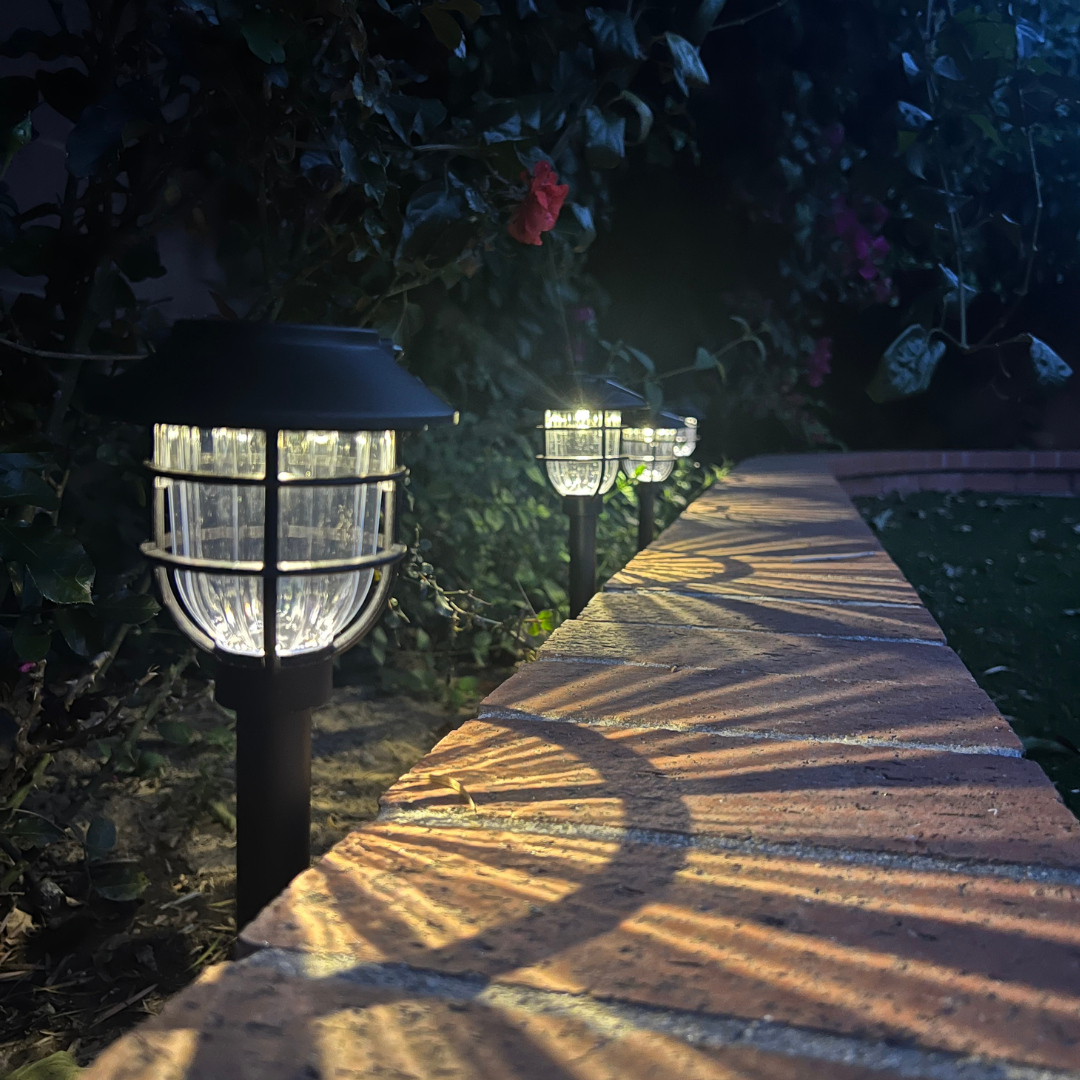 Solar pathway lights with motion sensor along a garden path at night