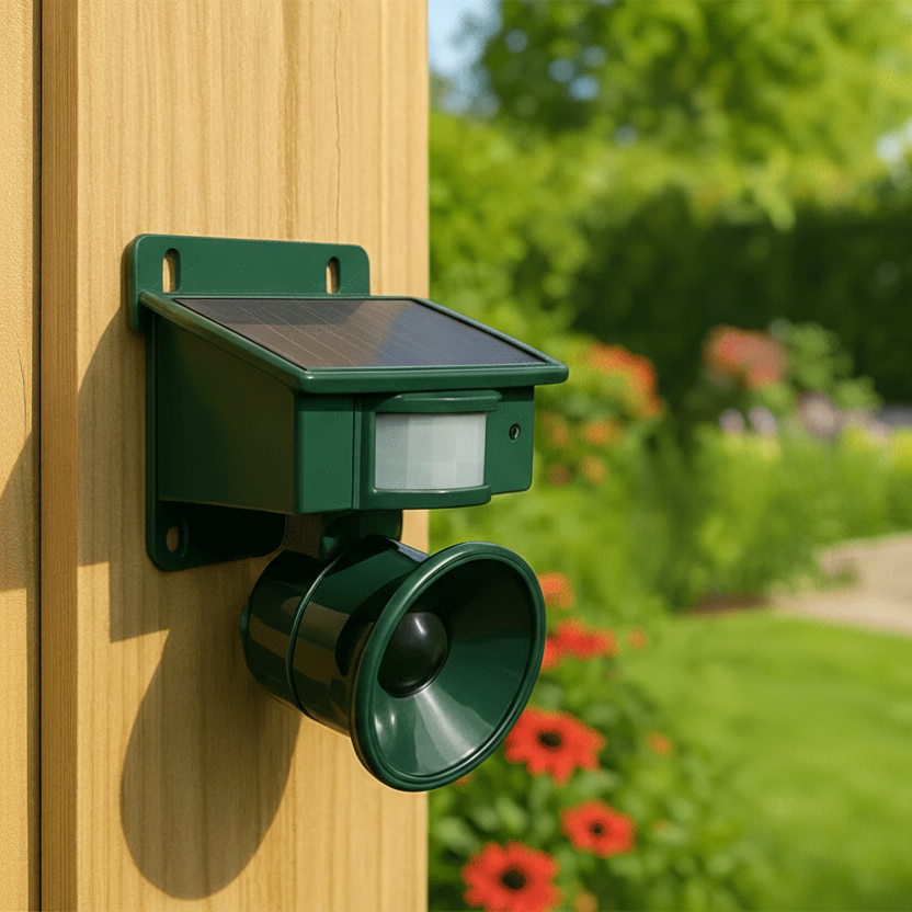 Solar powered bird repeller with motion sensor in a garden