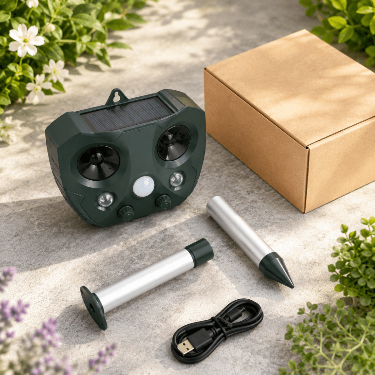 Close-up of the PIR motion sensor and solar panel on the animal repeller