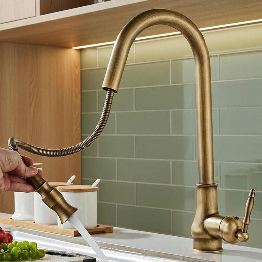 Solid Brass Pull Down Kitchen Faucet with Spray Head in Antique Bronze, view 1