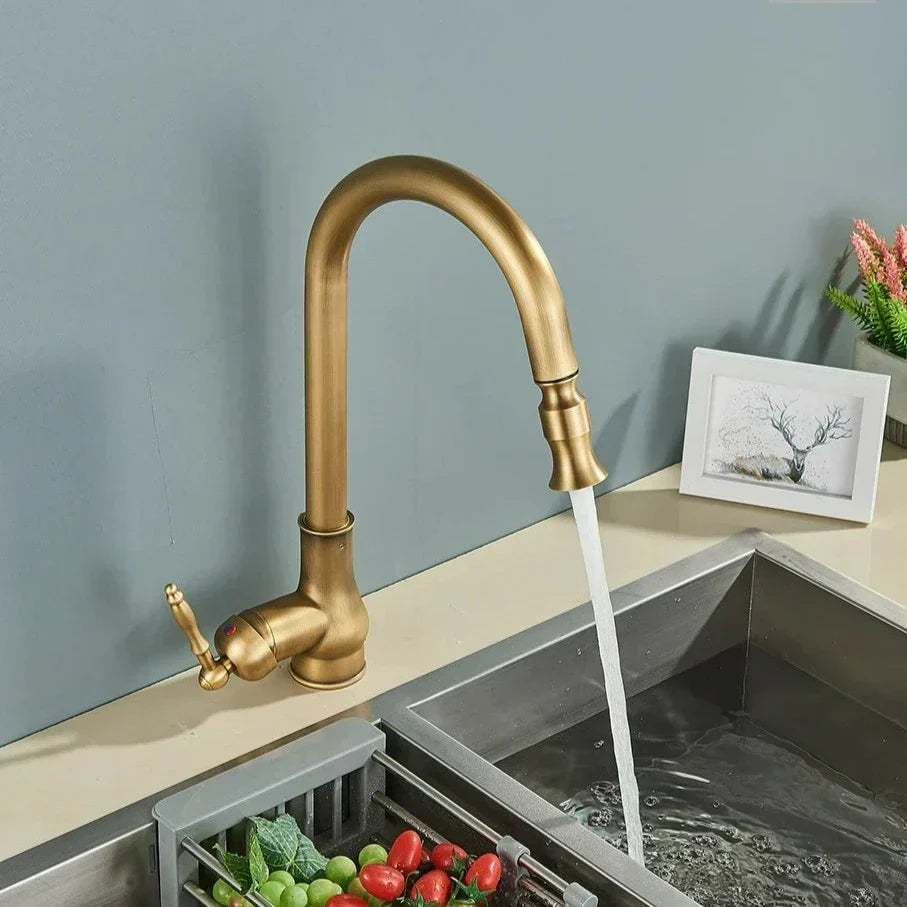 Antique bronze pull down kitchen faucet over a farmhouse sink