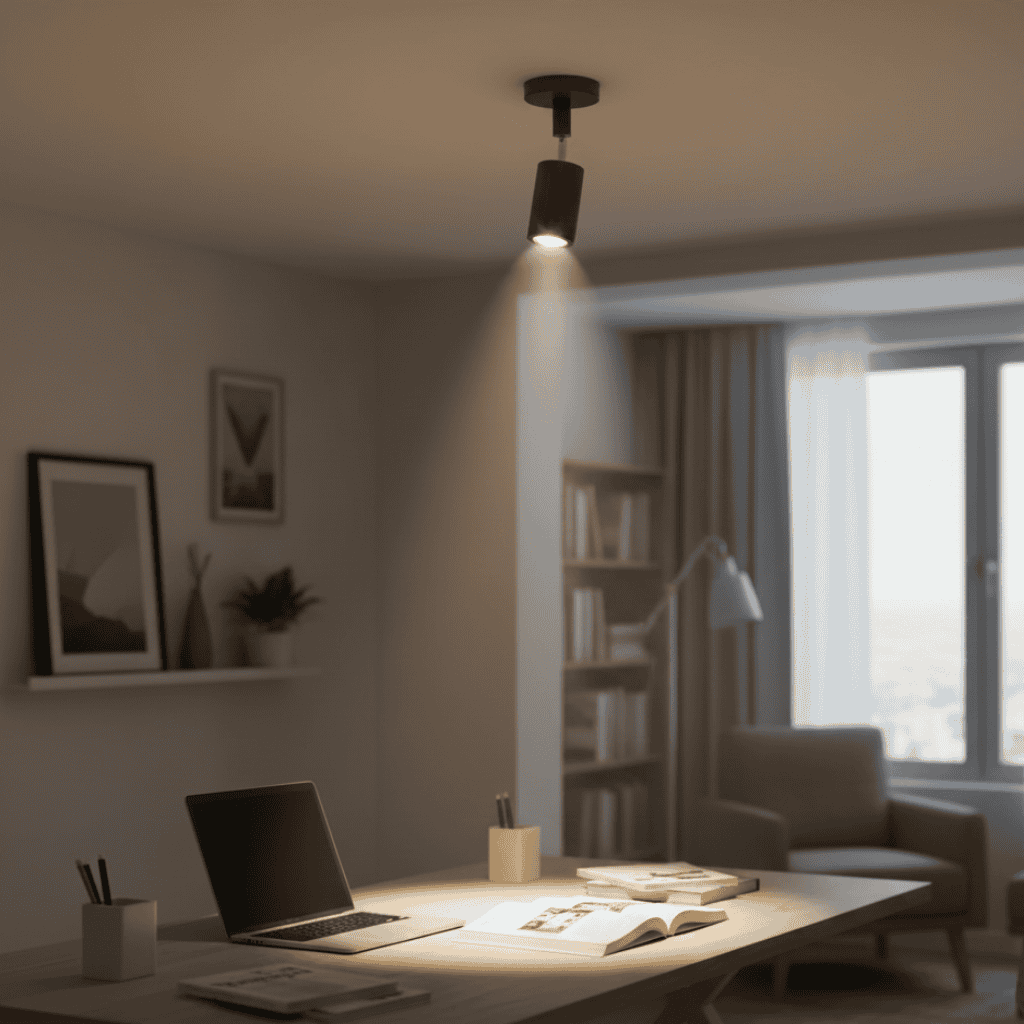 Solid wood ceiling light with adjustable heads above a kitchen counter