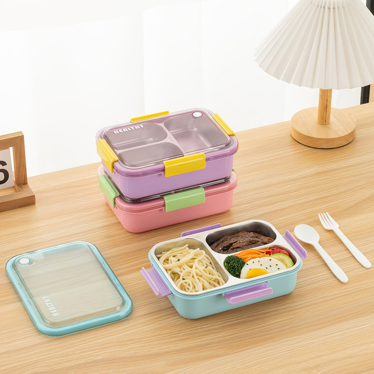 Stainless Steel Lunch Box with Three Compartments, Cutlery and Sauce Cup, view 4