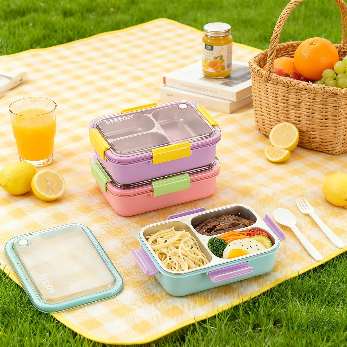 Stainless Steel Lunch Box with Three Compartments, Cutlery and Sauce Cup, view 7