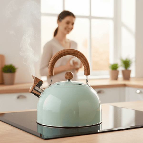 Stainless steel whistling tea kettle on a gas stove