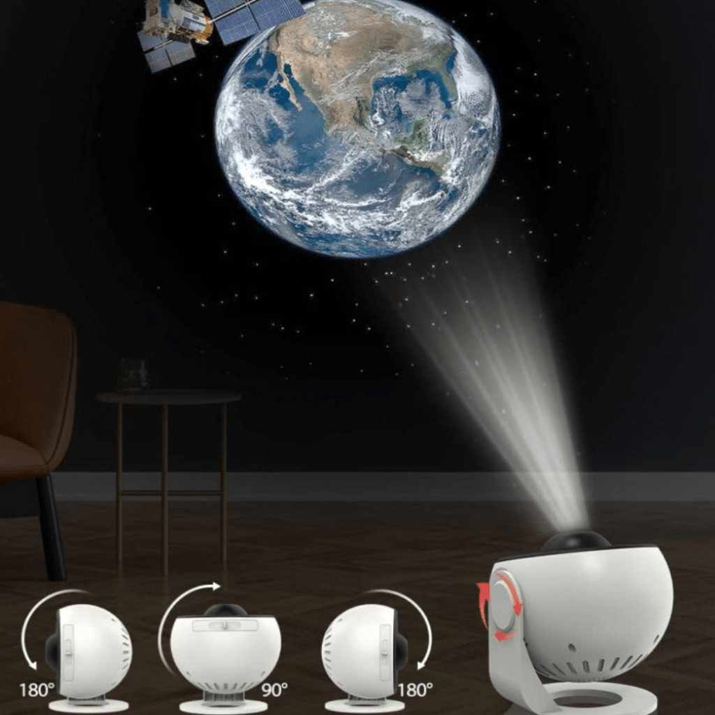 Star projector casting a starry sky onto a bedroom ceiling
