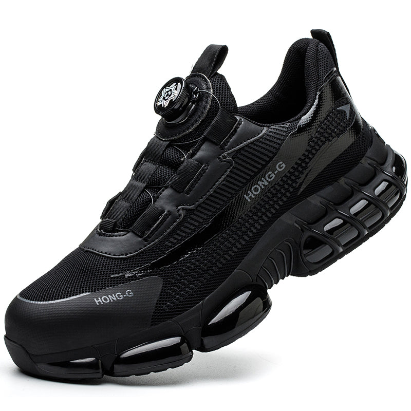Steel toe safety shoe with a twist dial closure and breathable upper