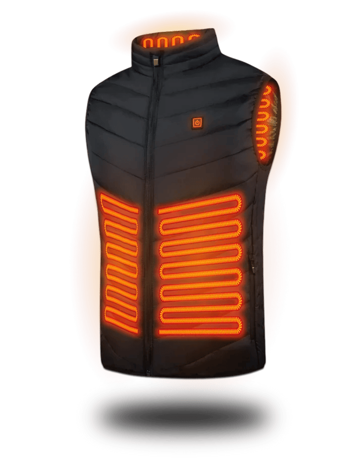 Front view of the black heated vest showing the sleek, lightweight design and zipper closure.