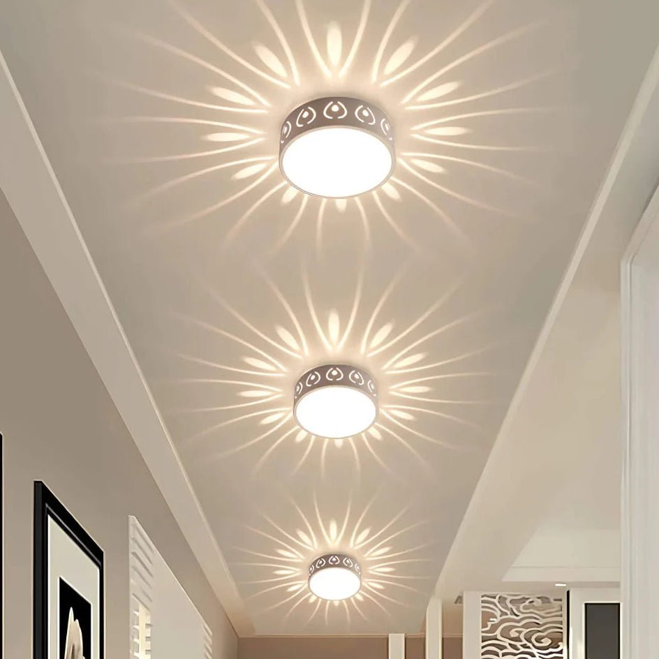 Close-up of the acrylic cover and wrought iron frame of the ceiling light