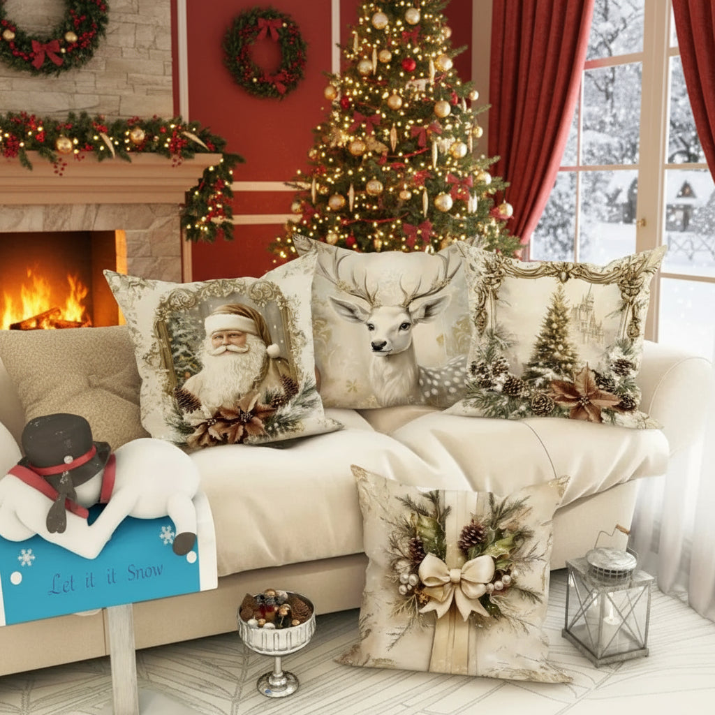 Velvet Christmas pillow covers with vintage designs on a sofa