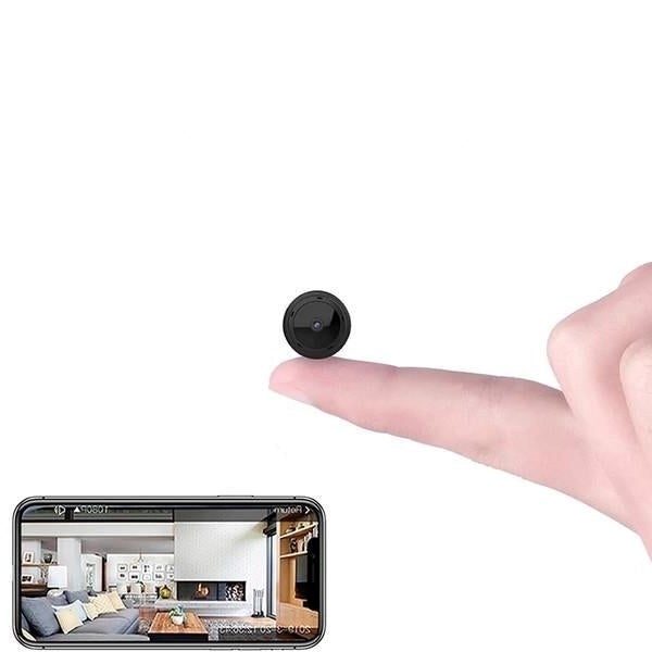 Front view of the compact black mini WiFi camera showing the lens and surrounding infrared LED lights.