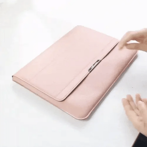 PU leather laptop sleeve folded into a stand under an open laptop