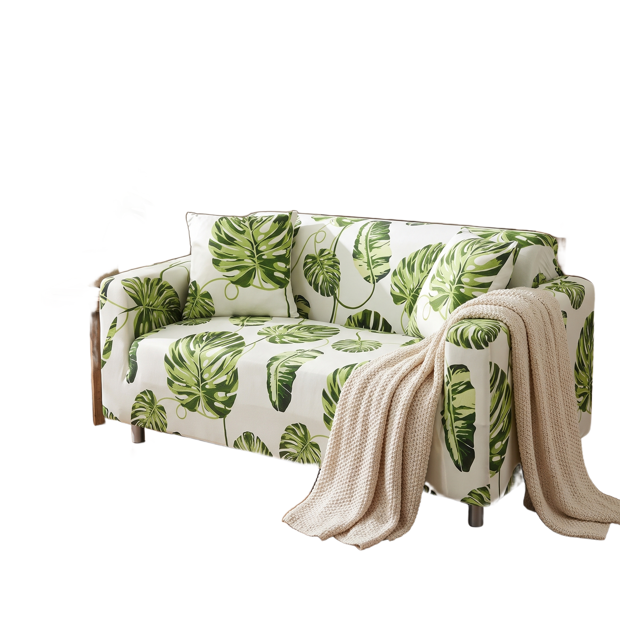 Stretch Sofa Slipcover – White Green Tropical Leaf Print – product photo on a white background | Brivenzo