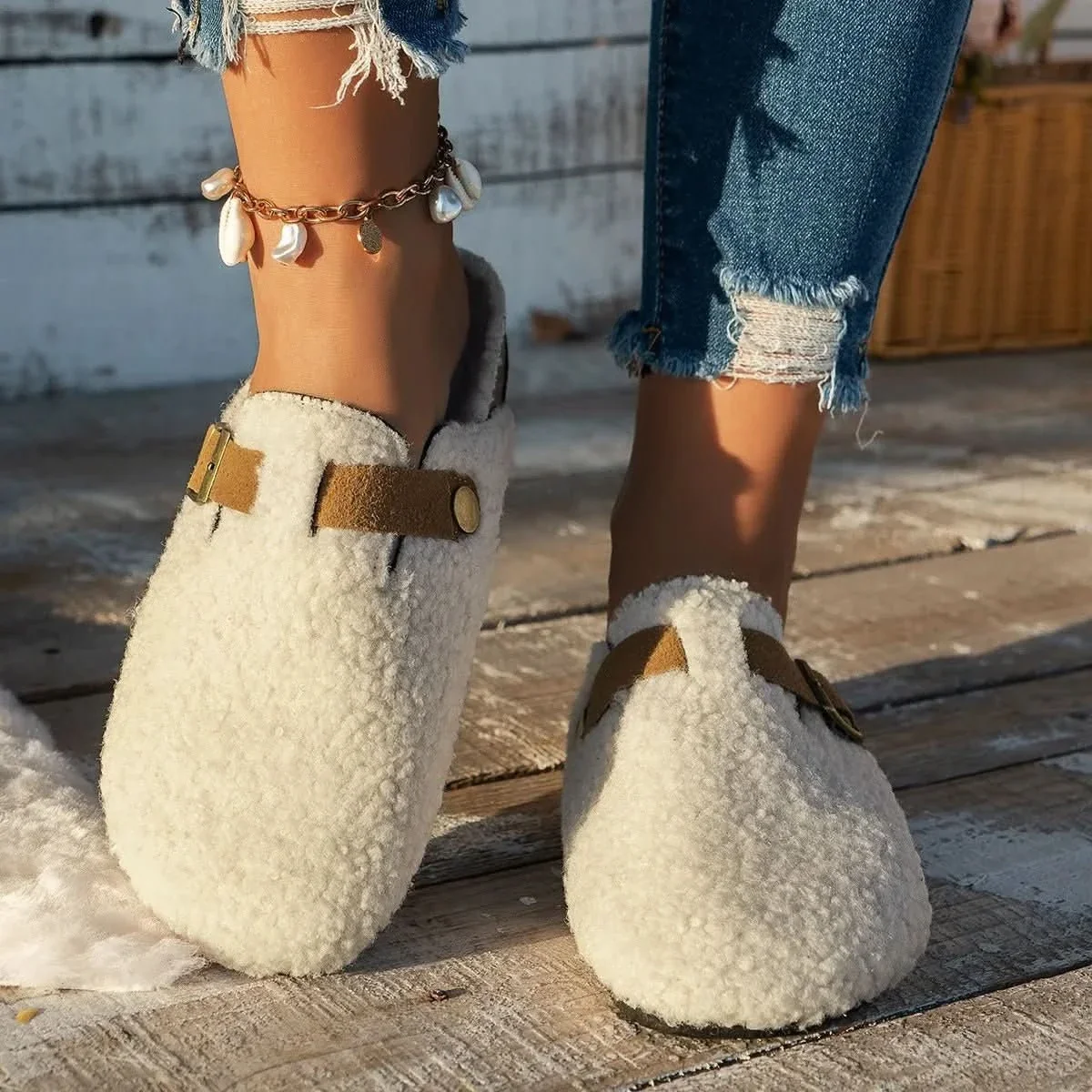 Winter Mule Slippers with Thick Sheep Wool Lining and Non Slip Sole, view 1