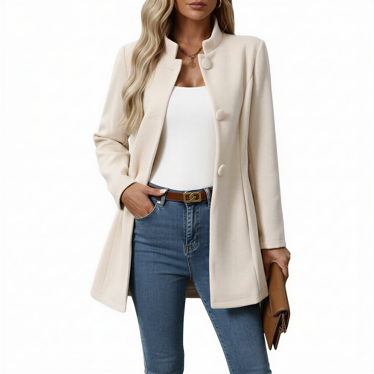 Front view of a women's wool blend A-line coat with buttons
