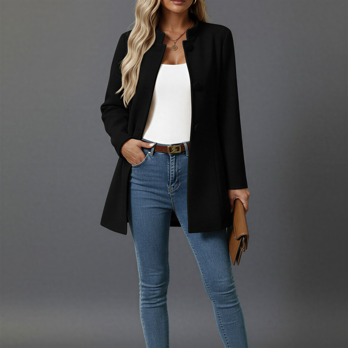 Women's A-Line Coat with Stand Collar and Button Front, view 4