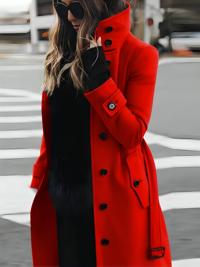 Women's Belted Trench Coat with High Collar for Fall and Winter, view 3