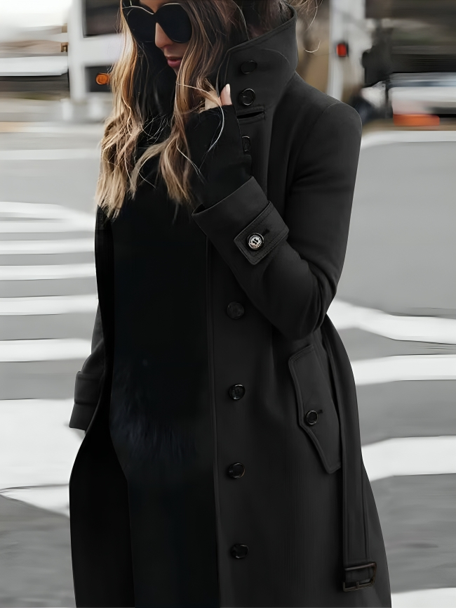 Women's Belted Trench Coat with High Collar for Fall and Winter, view 4