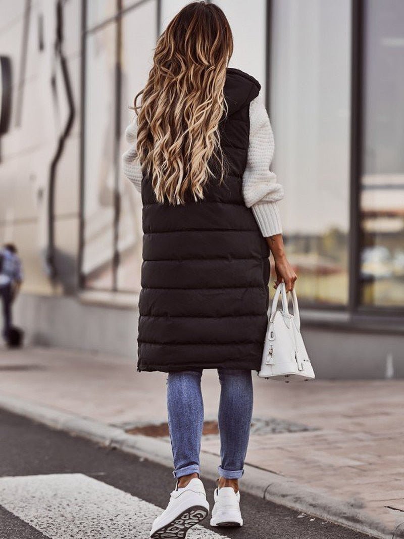 Women's Long Quilted Puffer Vest with Hood and Snap Buttons, view 5
