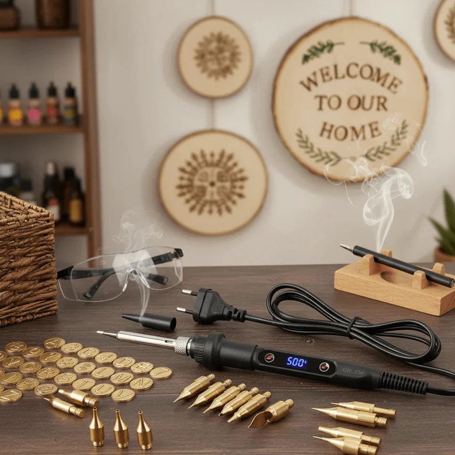 Wood burning kit with pen, tips and letter stencils laid out