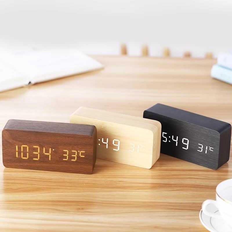 Wooden Digital Alarm Clock with Three Alarms and Temperature Display, view 1