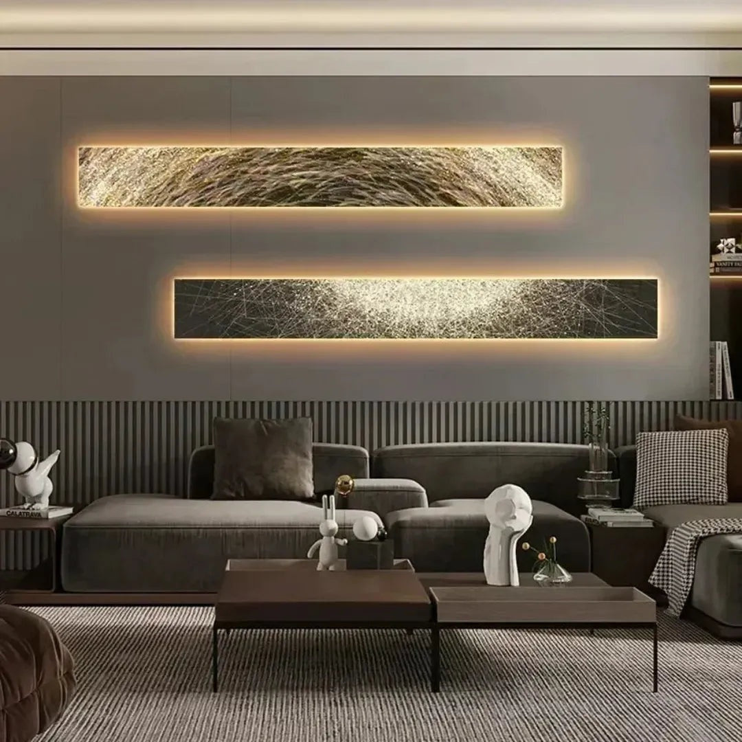 Long wooden LED wall light casting soft light along a living room wall