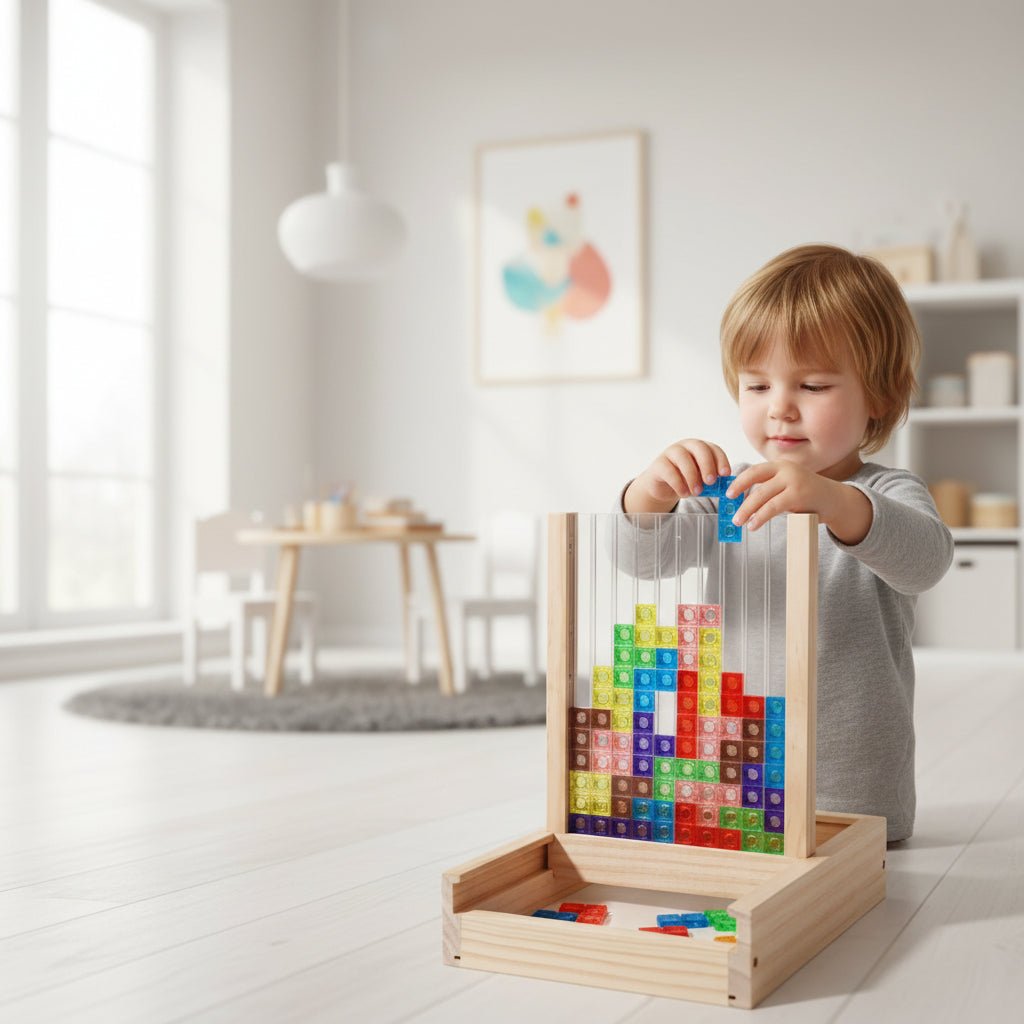 Wooden block puzzle with colorful pieces on a table