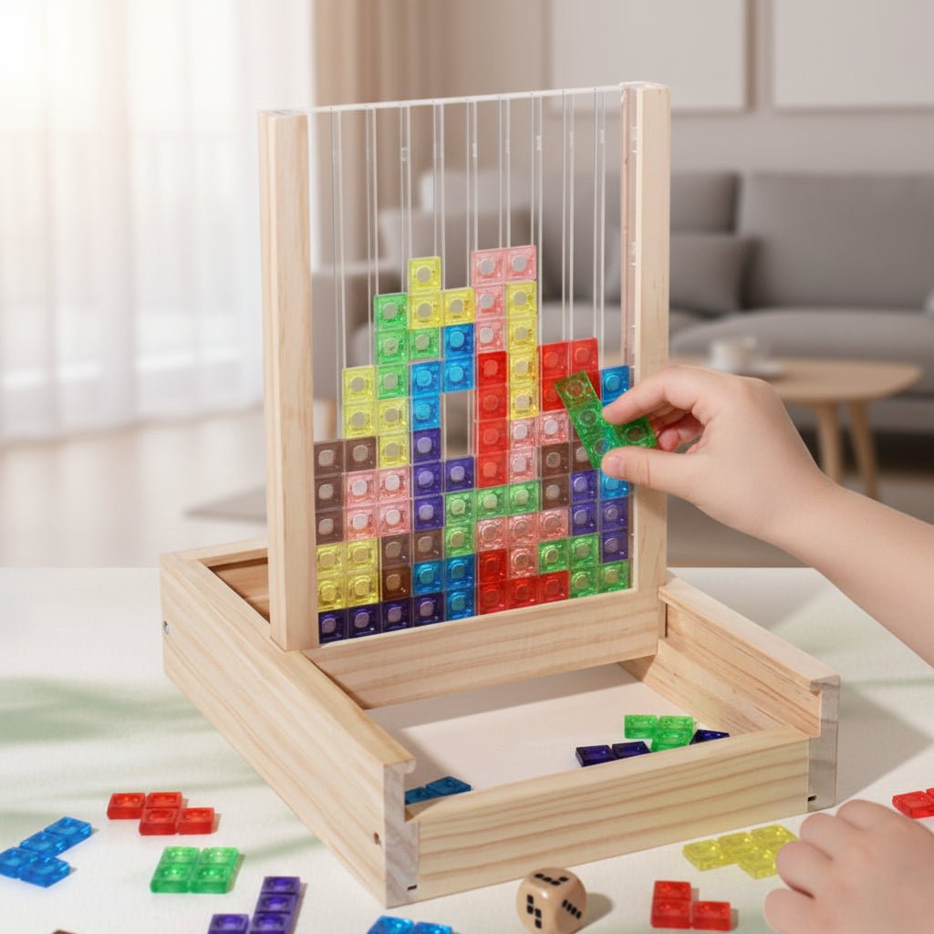Parent and child solving the wooden logic puzzle together