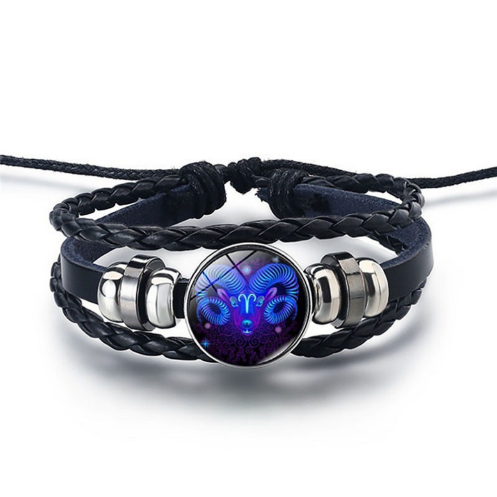 Zodiac Sign Bracelet Set of 2 - Lapis Lazuli Sodalite Stones, Genuine Leather, Steel Alloy, Blue Horoscope Jewelry for Men Women (10)