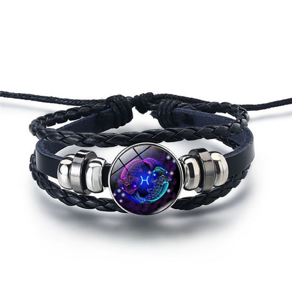 Zodiac Sign Bracelet Set of 2 - Lapis Lazuli Sodalite Stones, Genuine Leather, Steel Alloy, Blue Horoscope Jewelry for Men Women (12)