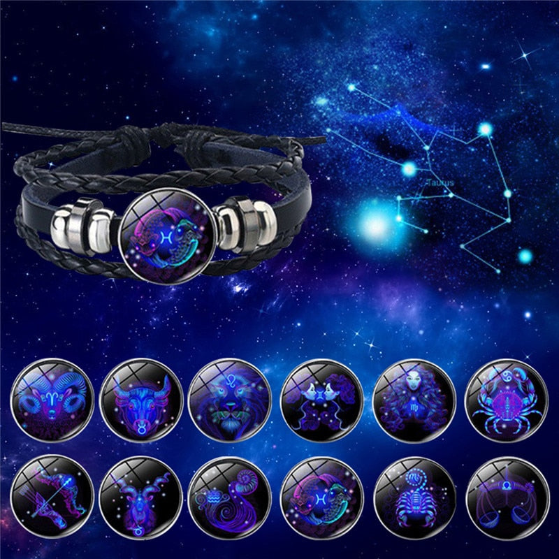 Zodiac Sign Bracelet Set of 2 - Lapis Lazuli Sodalite Stones, Genuine Leather, Steel Alloy, Blue Horoscope Jewelry for Men Women (13)