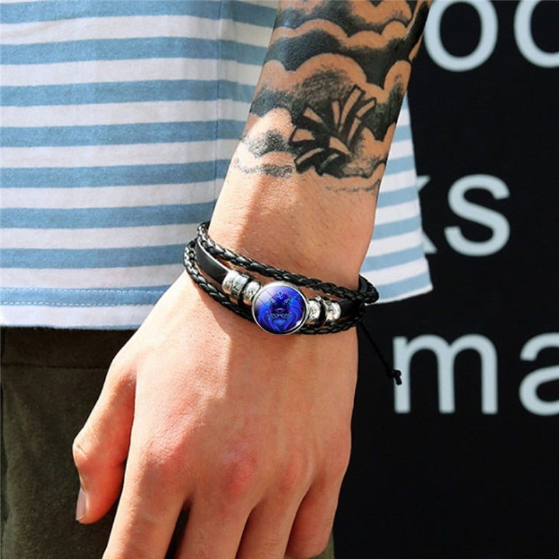 Zodiac Sign Bracelet Set of 2 - Lapis Lazuli Sodalite Stones, Genuine Leather, Steel Alloy, Blue Horoscope Jewelry for Men Women (14)