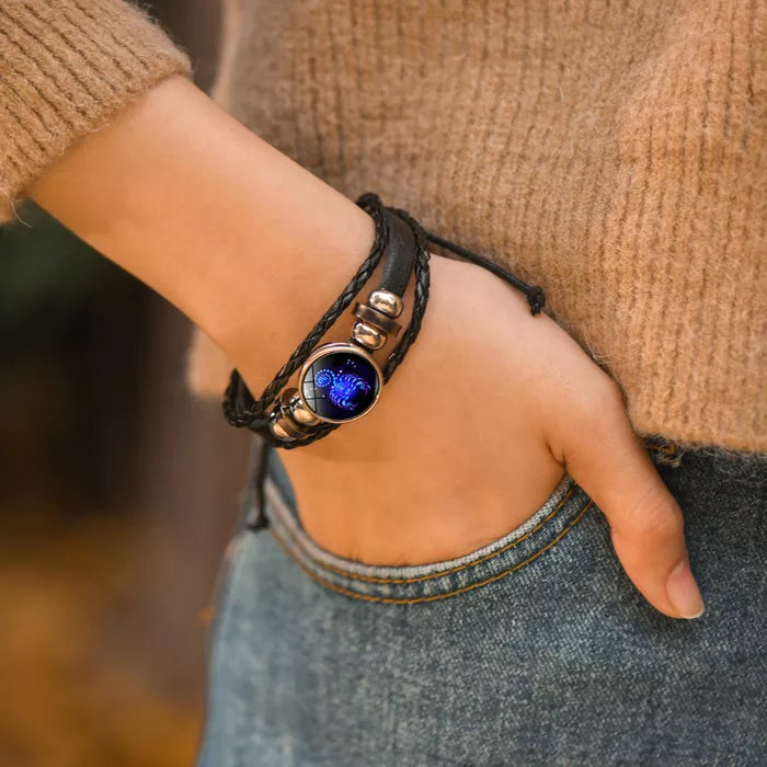Zodiac Sign Bracelet Set of 2 - Lapis Lazuli Sodalite Stones, Genuine Leather, Steel Alloy, Blue Horoscope Jewelry for Men Women (15)
